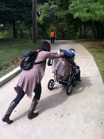 iyona pushing stroller uphill